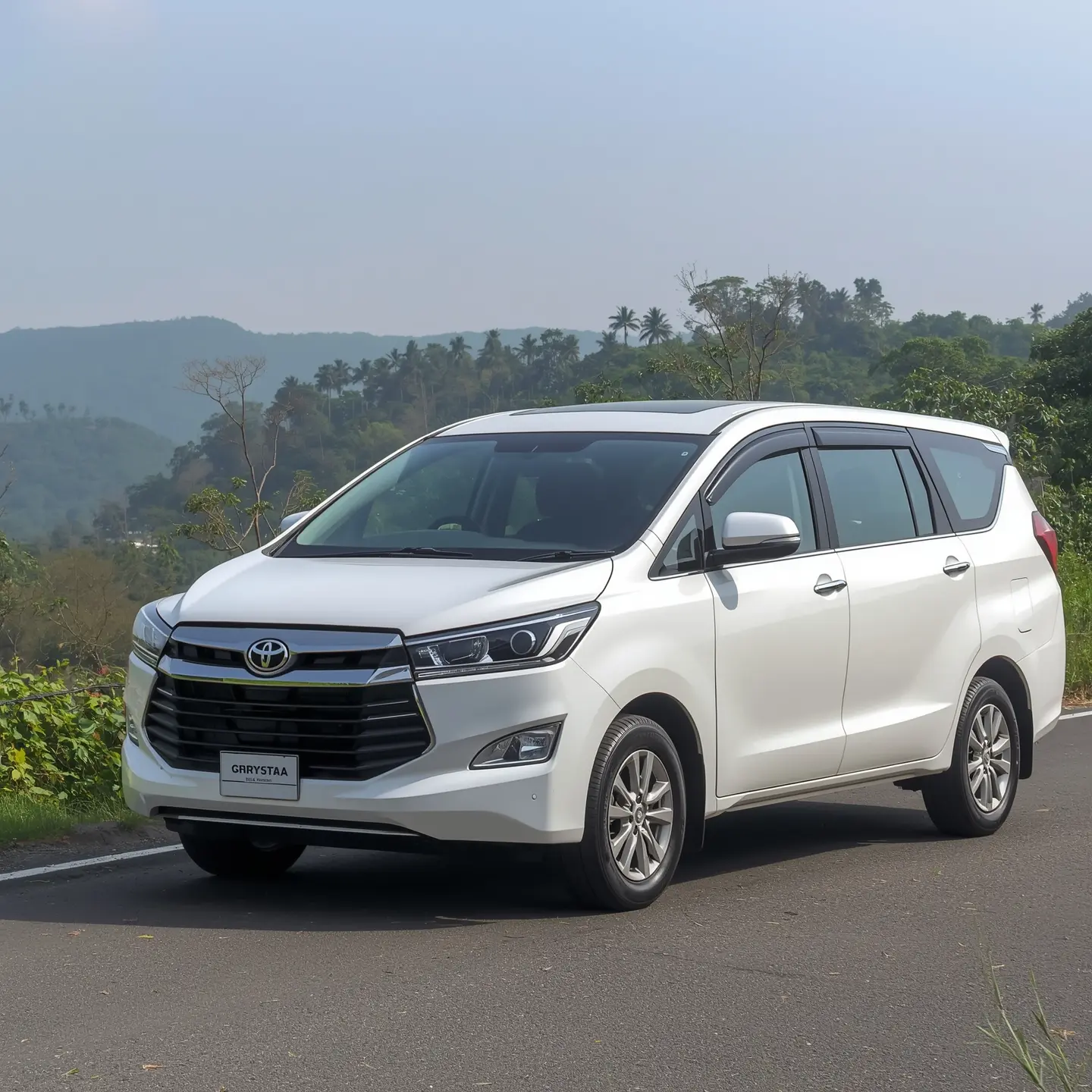 <br />
A white Toyota Innova Crysta MPV is parked on a paved road with a backdrop of lush green hills and a clear blue sky. The car is facing the camera at a slight angle, showcasing its front grille, headlights, and side profile. The setting appears to be a scenic, hilly area, possibly in a location like Palakkad, with some trees and foliage visible. The image is bright, captured during the daytime.